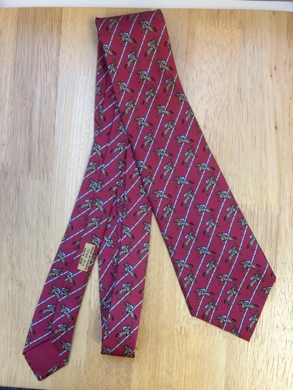 Hermes Paris 7385PA 100% Silk Necktie Tie Red Horse Racing 59